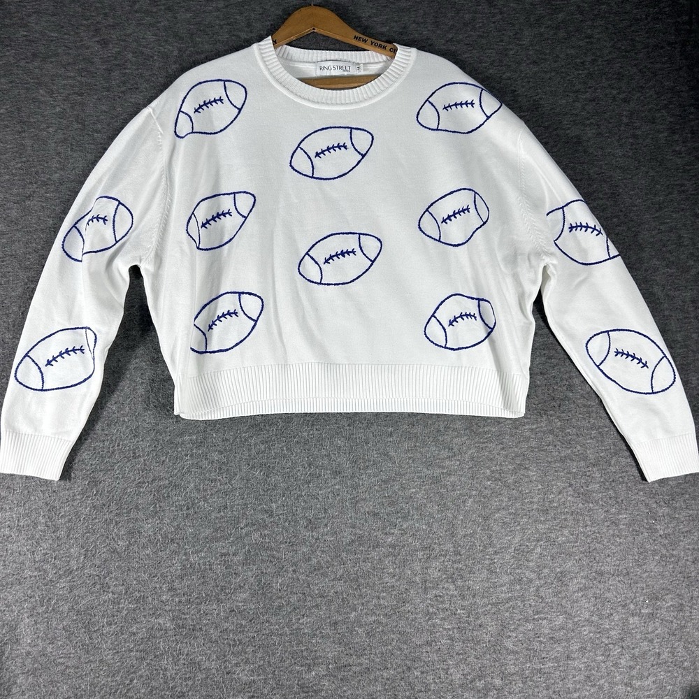 Women's White Sweater Blue Footballs Stitched All Over Cropped Cheerleader‎ SZ M